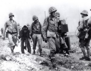 Japan Okinawa American Marines protecting elderly Civilian old Photo 1945