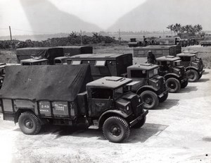 Indonesia Morotai RAAF Trucks waiting shipping to Australia Press Photo 1945