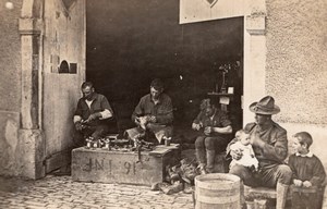 Repairing Shoes American? Soldier holding Baby WWI old Photo 1914-1918