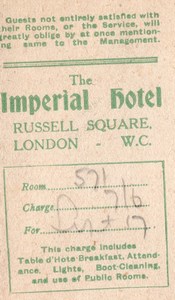 London Imperial Hotel Guest card Services & Meal Times 1910's