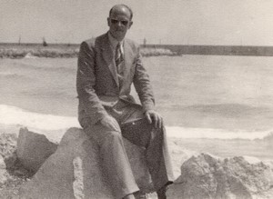 France Man sat on Rock on the Beach Seaside old Amateur Photo 1950's