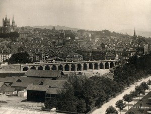 Switzerland Lausanne Panorama Grand-Pont Arch Bridge Old Photo Schroeder 1890