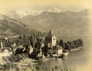 Switzerland Thun Oberhofen Castle Alps Mountain Old Photo 1890