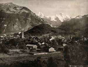 Switzerland Interlaken view from Unterseen Bernese Alps Old Photo 1890