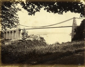 Wales Menai Suspension Bridge from park Old Photo Bedford circa 1870