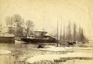 France Winter Landscape River Horse Cart Old Photo 1890