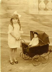 France Doll and her Pram Children Game Old Amateur Photo 1930