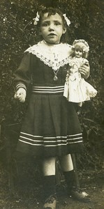 France Filette et sa Poupée Jeu d'Enfants Belle Robe Ancienne Photo Amateur 1900