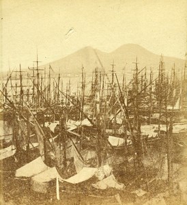 Boats Harbour of Naples Italy Old Stereo Photo Leon Pierre Jouvin 1858