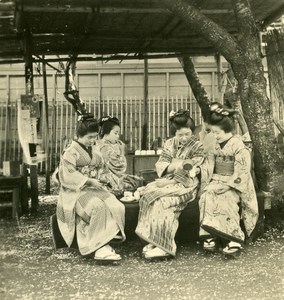 Japan Young Girls at Teahouse Old Stereoview Photo NPG 1900