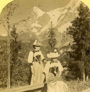 Switzerland Alps Murren Bernese Women Fashion old Gabler Stereo Photo 1885