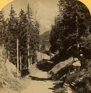 Switzerland Alps Path to Murren Ladies Fashion old Gabler Stereo Photo 1885