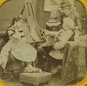 France Paris Painter and his Model old Stereo Tissue Photo 1865