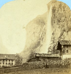 Switzerland Oberland Staubach at Lauterbrunnen old Stereo Photo Ad. Braun 1865