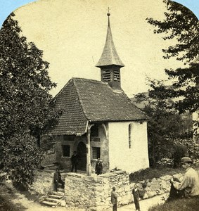 Switzerland Kusnacht William Tell Chapel old Stereo Photo Ad. Braun 1865