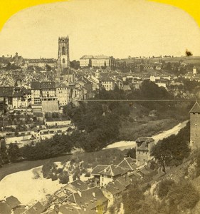 Switzerland Panorama Fribourg old Stereo Photo Ad. Braun 1865