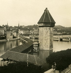 Switzerland Luzern Kappelbrucke Bridge Old NPG Stereo Photo 1906