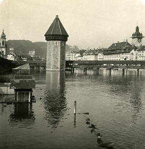 Switzerland Luzern Kappelbrucke Bridge Old NPG Stereo Photo 1906