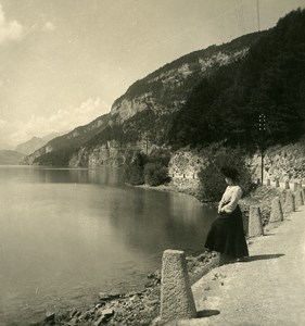 Switzerland Alps Bernese Oberland Lake Thun Old NPG Stereo Photo 1906