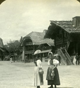 Switzerland a Village Scene Old Stereo Photo Stereoview ASC 1900