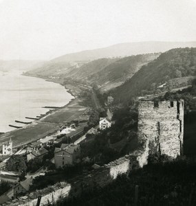 Germany Rhine River Bacharach panorama of Stahleck Old NPG Stereo Photo 1900