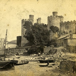 UK North Wales Conway Castle from the Quai Old Stereoview Photo Bedford 1865