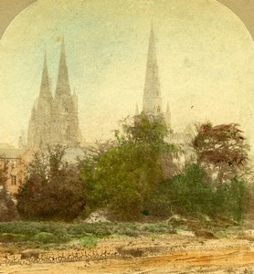 United Kingdom Lichfield Cathedral Panorama Hand Colored Stereoview Photo 1860