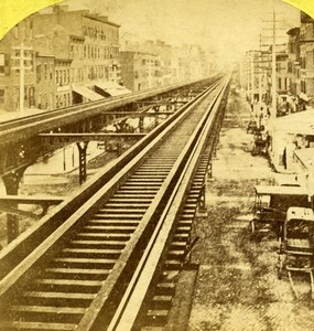 USA New York Elevated Railway Old Stereoview Photo 1870