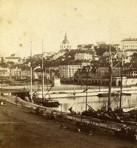 Europe or New England? City Panorama Sailboats Old Stereoview Photo 1875