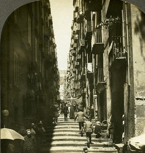Italy Napoli Naples Narrow Street Busy Old Stereoview Photo Kelley 1900