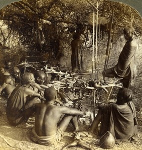 East Africa Taveta Smoking Meat after Hunt Old Stereoview Photo Underwood 1909