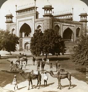 India Agra Gateway to Taj Mahal Camels Old Stereoview Photo Underwood 1903