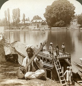 India Cashmere Boat party Jhelum river Sitar Old Stereoview Photo Underwood 1903