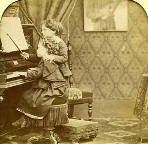 France Children at Piano Scene de Genre Old LL Photo Stereoview Tissue 1865