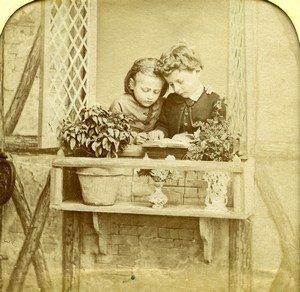 France Children Reading Scene de Genre Old LL Photo Stereoview Tissue 1865