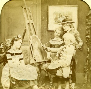 France Painter Children Scene de Genre Old LL Photo Stereoview Tissue 1865