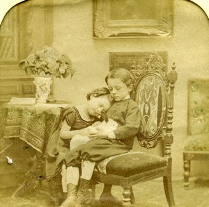 France Children & Pet Rabbit Scene de Genre Old LL Photo Stereoview Tissue 1865