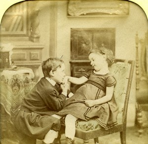 France Hand-Kissing Children Scene de Genre Old LL Photo Stereoview Tissue 1865