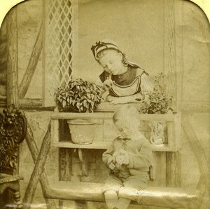 France Flowers Bouquet Children Scene de Genre Old Photo Stereoview Tissue 1865