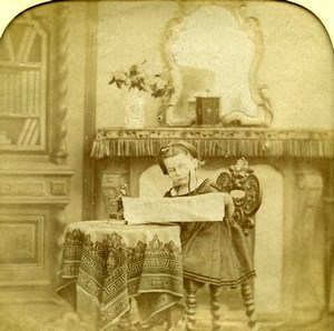 France Reading Newspaper Child Scene de Genre Old Photo Stereoview Tissue 1865