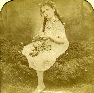 France Flower Crown Child Scene de Genre Old LL Photo Stereoview Tissue 1865
