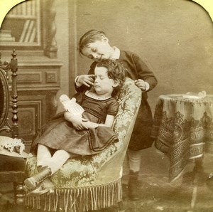 France Children Doll Scene de Genre Old LL Photo Stereoview Tissue 1865