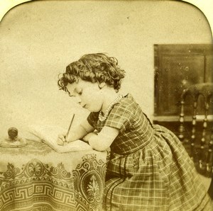 France Girl Writing Scene de Genre Old LL Photo Stereoview Tissue 1865