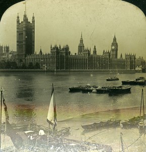 United Kingdom London Houses of Parliament Thames River Old Stereoview 1902