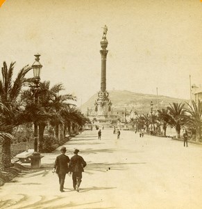 Spain Barcelona Columbus Monument Old Stereoview Photo 1888