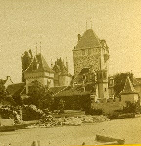 Switzerland Alps Oberhofen am Thunersee Castle Old Stereoview Photo 1875