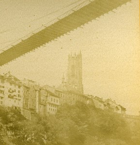Switzerland Alps Fribourg Great Suspension Bridge Old Stereoview Photo 1875