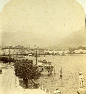 Switzerland Lake Como Lugano Paddle Steamer Old Stereoview Photo 1880