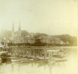 Switzerland Lucerne view from new bridge Boats Old Amateur Stereoview 1900