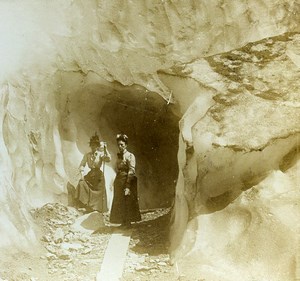 Switzerland Alps Grindelwald Glacier Women Hiking Old Amateur Stereoview 1900